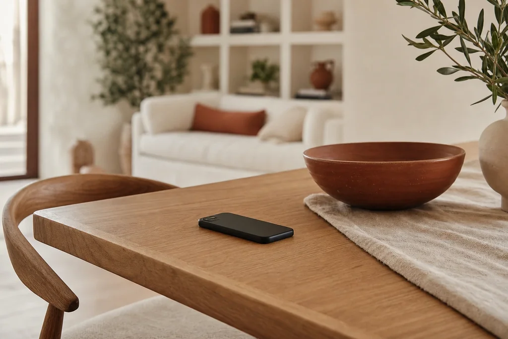 Téléphone noir anonyme qui détonne sur une table en chêne clair aux tons crème