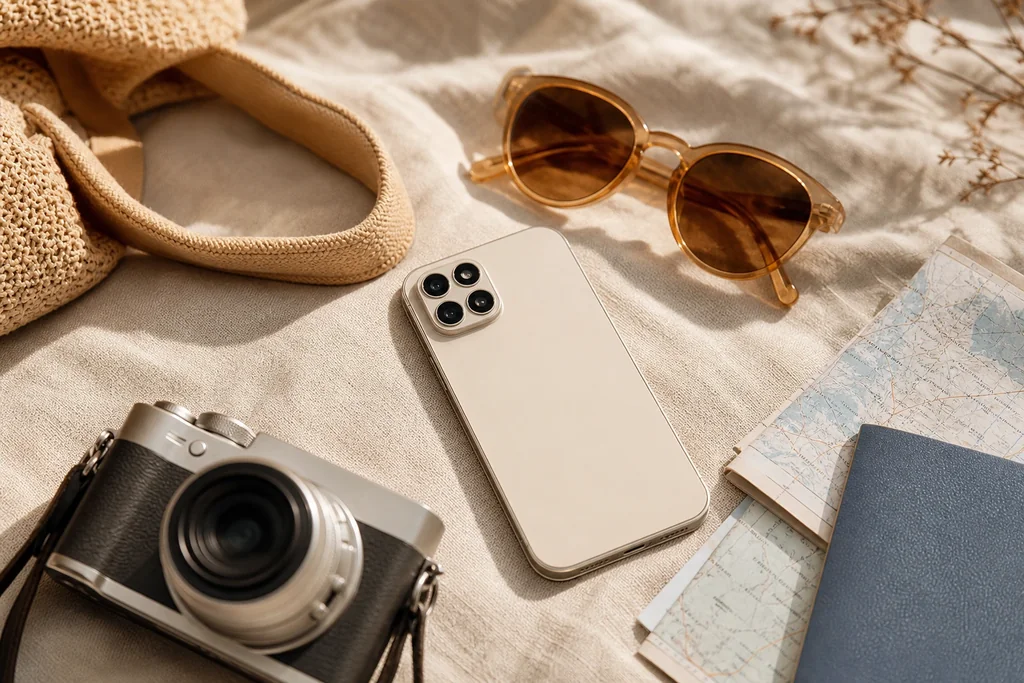 Téléphone, lunettes de soleil, carte et passeport posés sur du lin sable