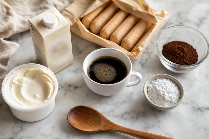 Ingrédients du tiramisu sans œufs : crème liquide entière, espresso froid, boudoirs, mascarpone, cacao amer et sucre glace