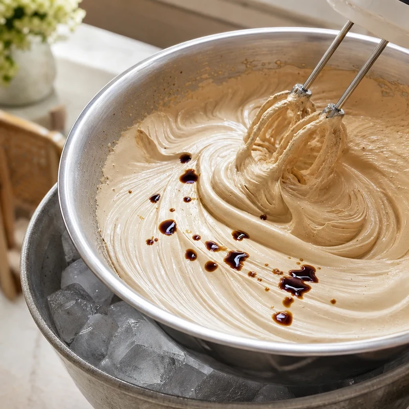 Crème liquide entière et espresso froid fouettés en chantilly café ferme dans un saladier en inox