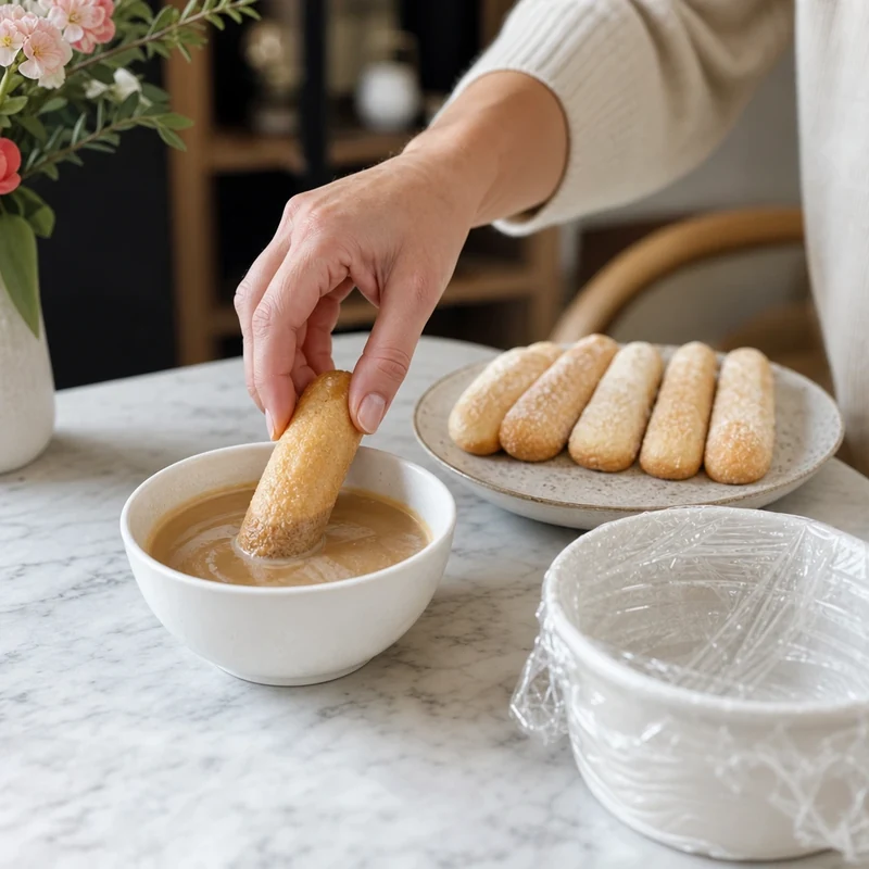 Boudoir trempé une seconde dans un mélange espresso-lait froid pour tiramisu individuel
