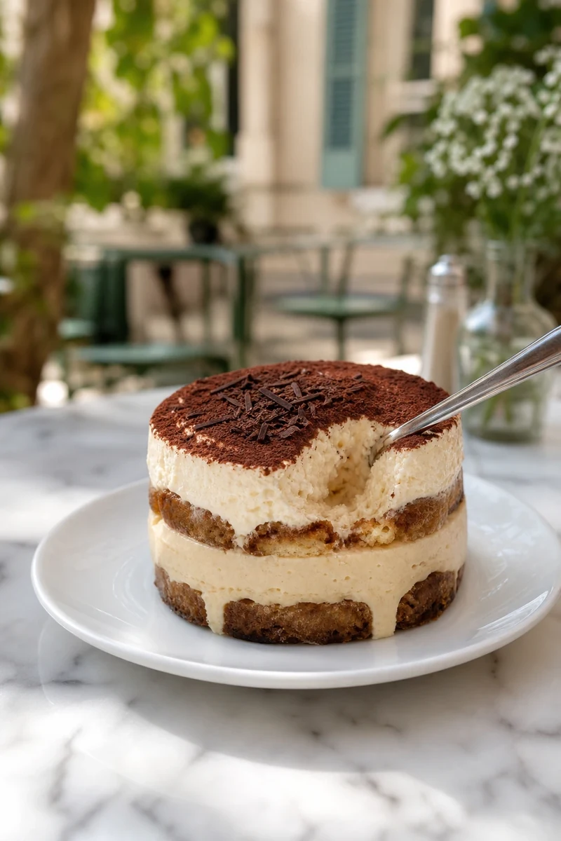 Mini tiramisu démoulé aux couches nettes de boudoirs et de crème café, saupoudré de cacao amer