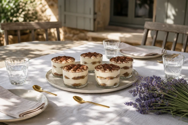 Table d'été dressée avec six verrines de tiramisu individuel prêtes à servir