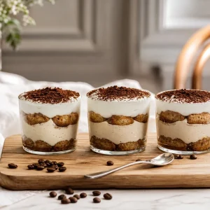 Trois verrines de tiramisu individuel sans œufs crus aux boudoirs, saupoudrées de cacao amer, sur planche en bois clair
