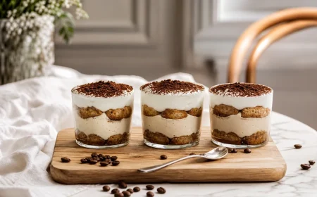 Trois verrines de tiramisu individuel sans œufs crus aux boudoirs, saupoudrées de cacao amer, sur planche en bois clair