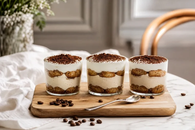 Trois verrines de tiramisu individuel sans œufs crus aux boudoirs, saupoudrées de cacao amer, sur planche en bois clair
