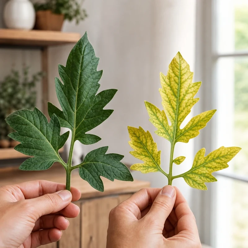 Comparaison d'une feuille de tomate saine et d'une feuille carencée en azote