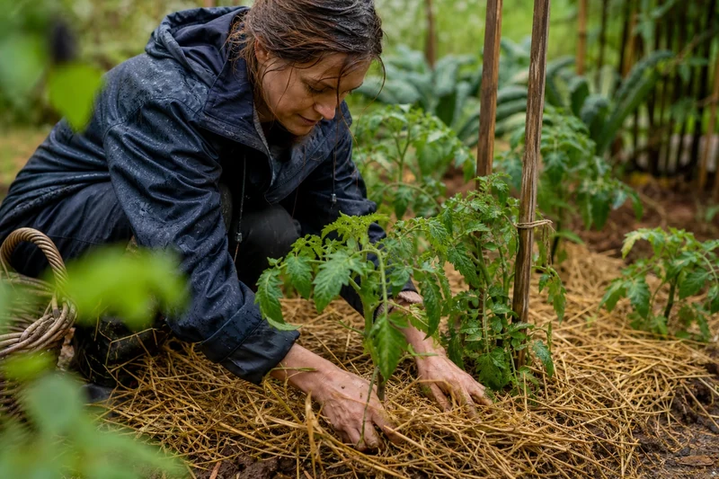 Paillage de paille remis en place autour de pieds de tomate après un orage