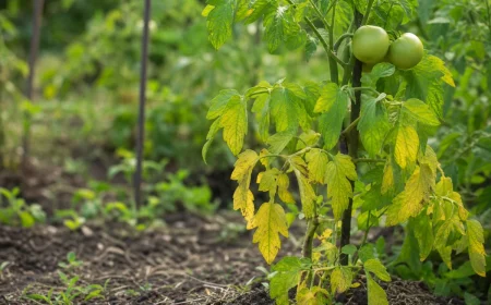 Pied de tomate aux feuilles basses jaunies après un orage d'été, symptôme classique de lessivage de l'azote