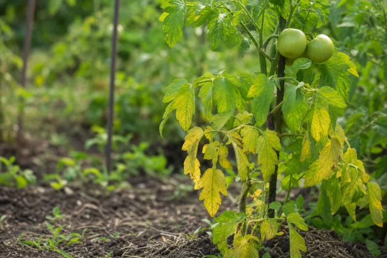 Pied de tomate aux feuilles basses jaunies après un orage d'été, symptôme classique de lessivage de l'azote