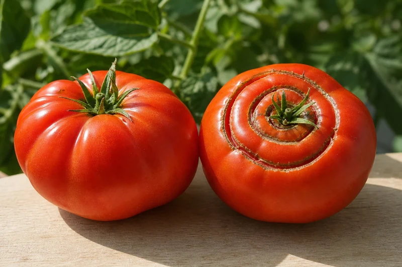 Comparaison entre tomate saine et tomate fendue avec fentes concentriques autour du pédoncule