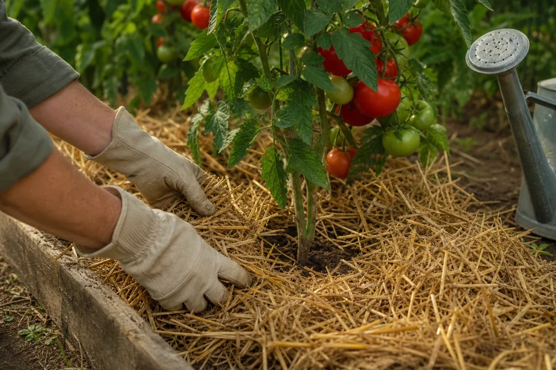 Installation d'un paillage de paille de blé de 7 cm au pied d'un plant de tomate