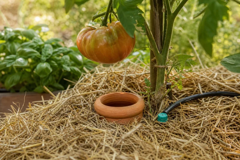 Oya en terre cuite enterrée au pied d'un plant de tomate avec paillage et goutte-à-goutte