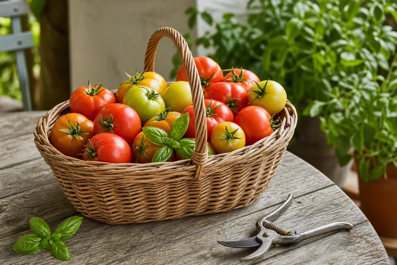 Panier de tomates récoltées au stade tournant, fermes et sans fente, sur une table de jardin