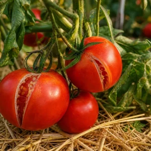 Tomates rouges fendues sur pied avec fentes radiales, paillage de paille au sol dans un potager d'été