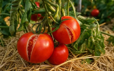 Tomates rouges fendues sur pied avec fentes radiales, paillage de paille au sol dans un potager d'été