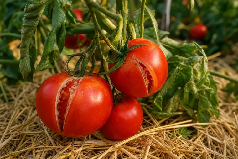 Tomates rouges fendues sur pied avec fentes radiales, paillage de paille au sol dans un potager d'été