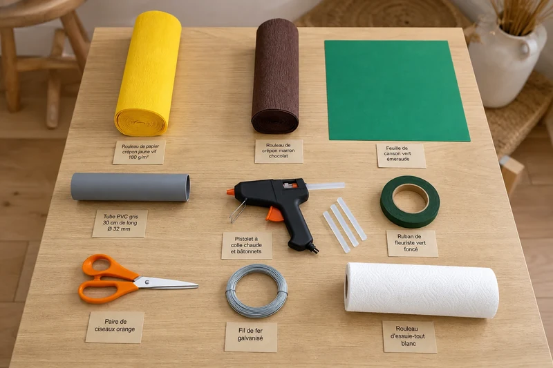 Matériel complet pour fabriquer un tournesol géant en papier disposé sur une table en bois