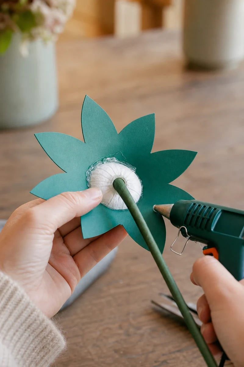 Fixation des sépales verts et du renfort à l'arrière du tournesol en papier