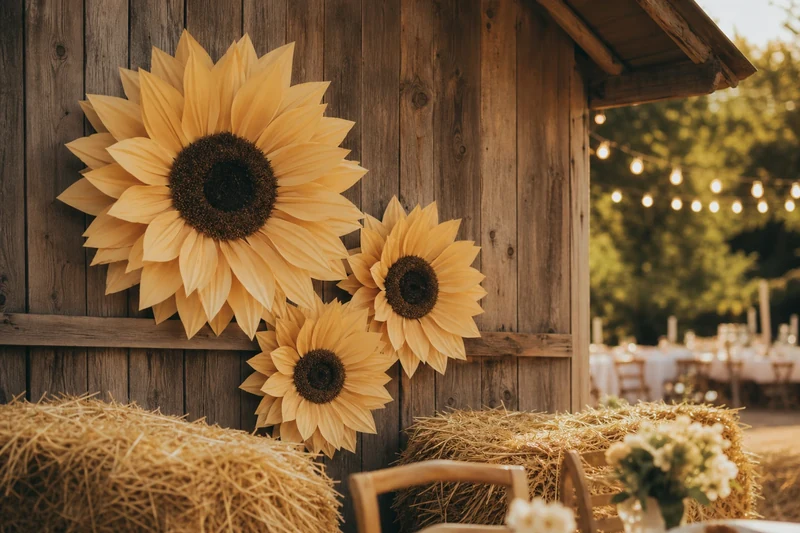 Trois tournesols géants en papier composés en décor de mariage champêtre au coucher du soleil