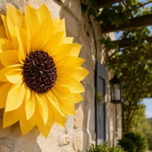 Tournesol géant en papier crépon jaune fixé sur un mur de pierre d'une terrasse en été