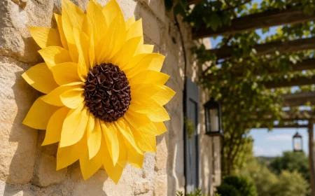 Tournesol géant en papier crépon jaune fixé sur un mur de pierre d'une terrasse en été