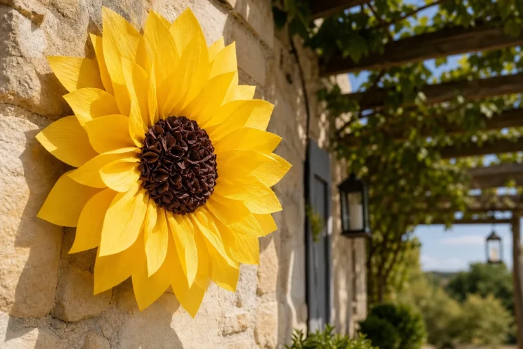 Tournesol géant en papier crépon jaune fixé sur un mur de pierre d'une terrasse en été