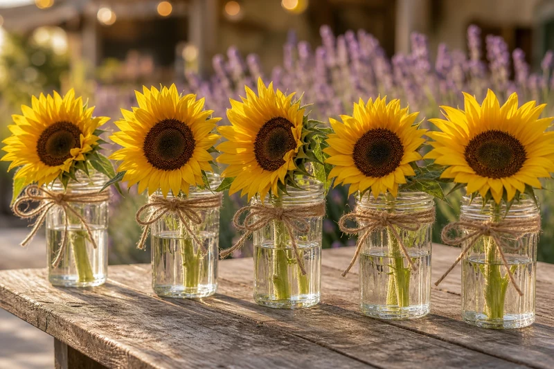 Cinq bocaux de confiture avec cordelette de jute contenant chacun un tournesol, alignés sur table de jardin