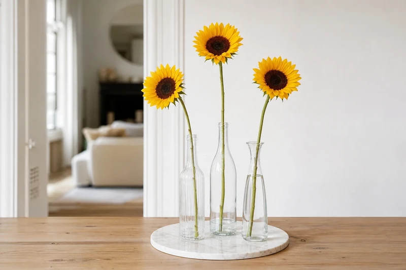 Trois bouteilles en verre récupérées de hauteurs différentes contenant chacune un tournesol à longue tige