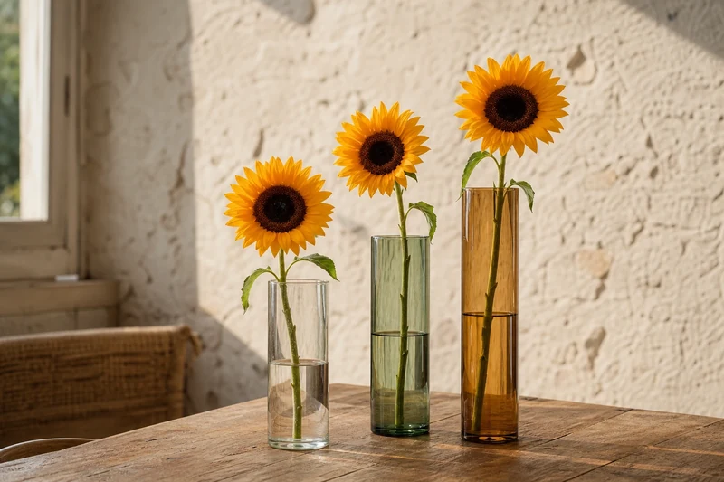 Trois vases cylindriques transparent, vert et ambré de hauteurs différentes, chacun avec un tournesol