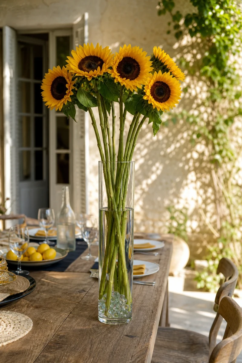Vase cylindrique haut avec billes de verre au fond et gerbe de sept tournesols à longues tiges