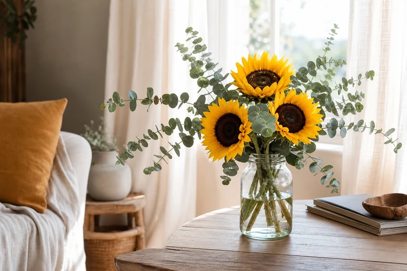 Bocal en verre avec trois tournesols et eucalyptus argenté abondant, posé sur table basse