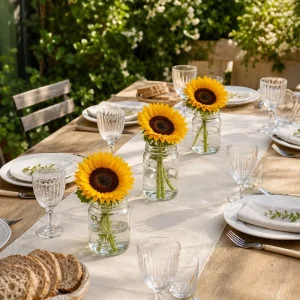 Table d'été en bois avec trois bocaux de confiture contenant chacun un tournesol jaune, dressée en terrasse