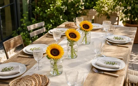 Table d'été en bois avec trois bocaux de confiture contenant chacun un tournesol jaune, dressée en terrasse