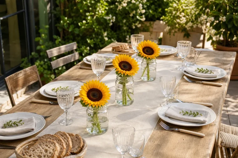 Table d'été en bois avec trois bocaux de confiture contenant chacun un tournesol jaune, dressée en terrasse