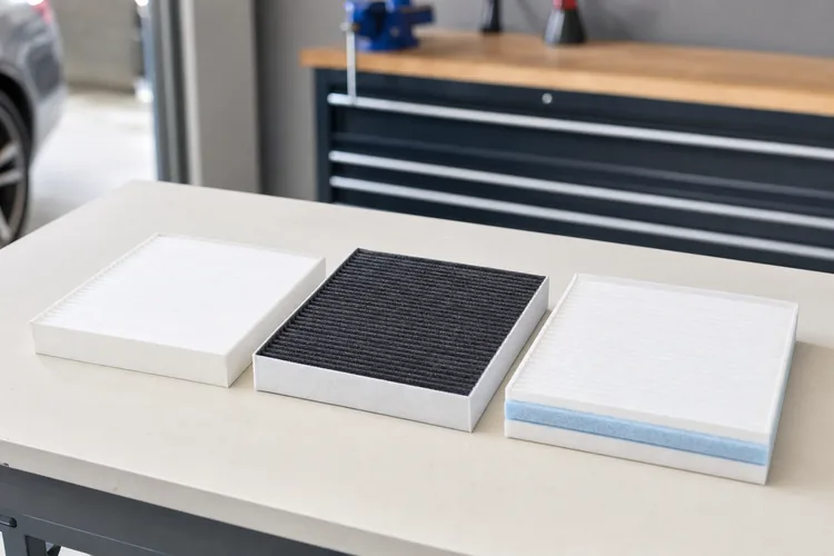 Trois types de filtres d'habitacle posés sur un établi : standard blanc, charbon actif noir et anti-allergène multicouche