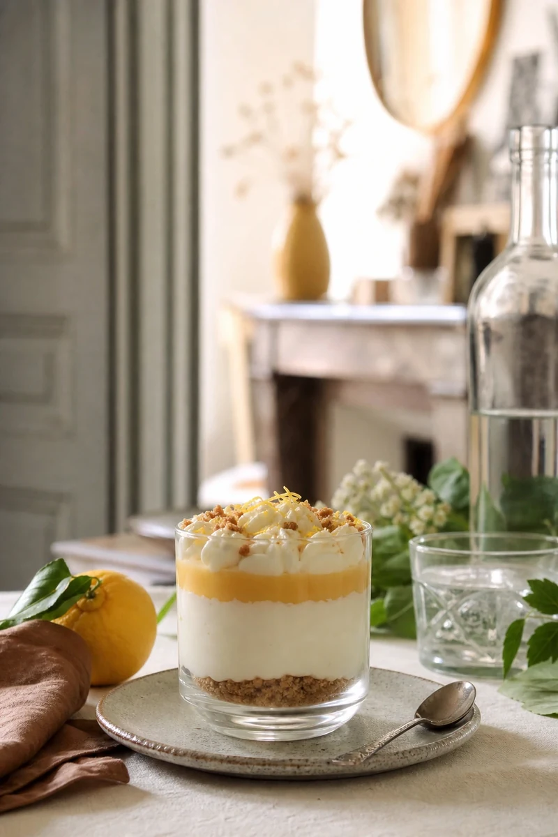 Verrine cheesecake citron avec couche de biscuits sablés, crème et lemon curd