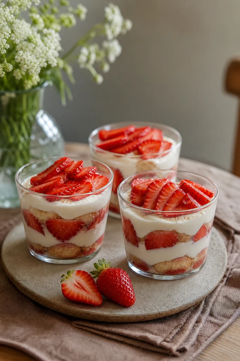 Tiramisu aux fraises sans œuf en verrine avec lamelles de fraises Gariguette
