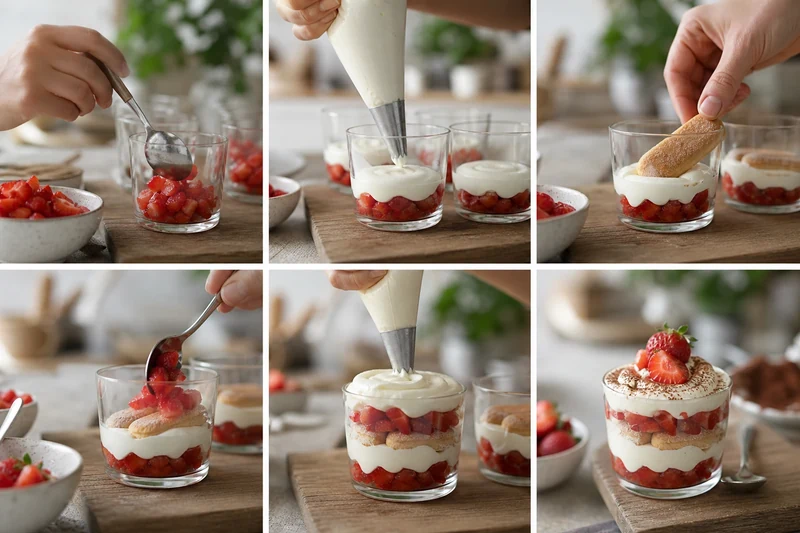 Montage des verrines de tiramisu aux fraises étape par étape à la poche à douille