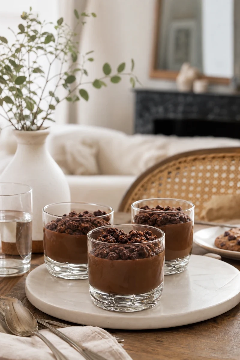 Verrine mousse au chocolat noir et miettes de biscuits chocolatés