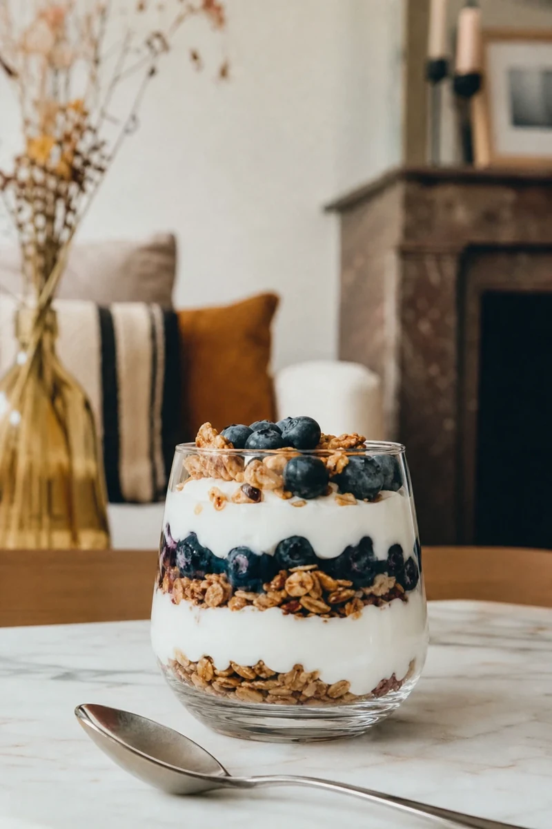 Verrine yaourt grec myrtilles et granola avec couches visibles