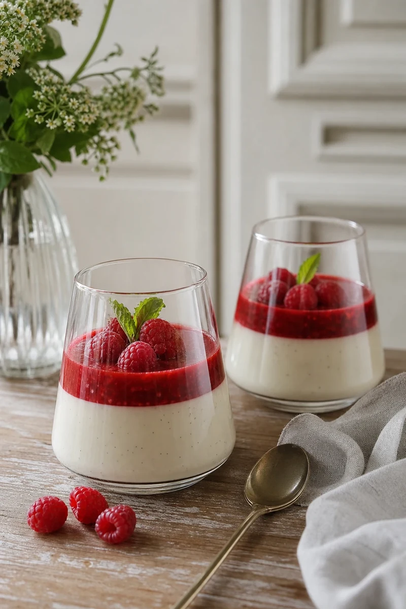 Panna cotta vanille en verrine avec coulis de framboises fraîches