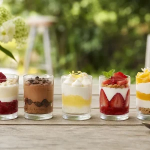 Cinq verrines de mini-desserts d'été alignées sur une table de jardin en bois