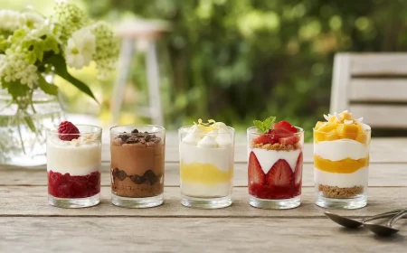 Cinq verrines de mini-desserts d'été alignées sur une table de jardin en bois