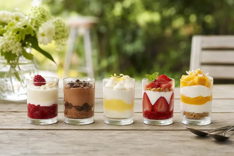 Cinq verrines de mini-desserts d'été alignées sur une table de jardin en bois