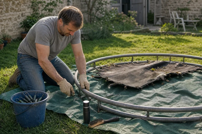 Démontage et préparation d'un vieux cadre de trampoline avant réemploi