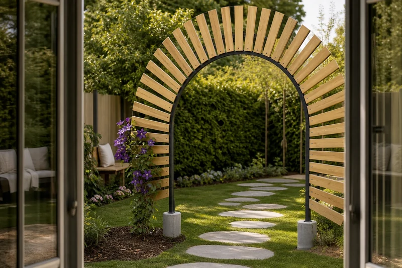 Arche de jardin fabriquée à partir d'un cadre de trampoline habillé de bois et scellée dans du béton