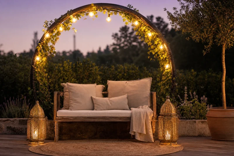 Coin salon romantique de jardin encadré par un vieux trampoline habillé de guirlandes lumineuses