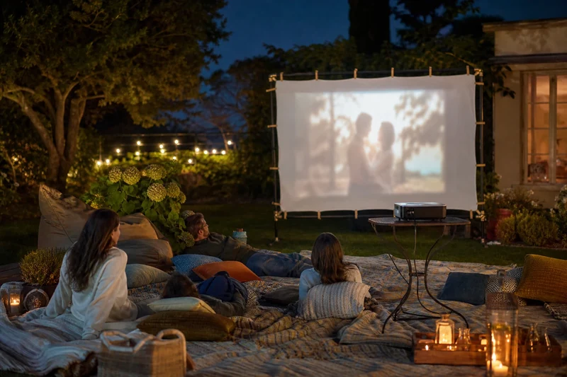 Cadre de trampoline transformé en écran de projection pour cinéma en plein air
