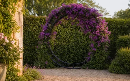 Cadre de trampoline recyclé en arche végétalisée avec clématites violettes à l'entrée d'un jardin